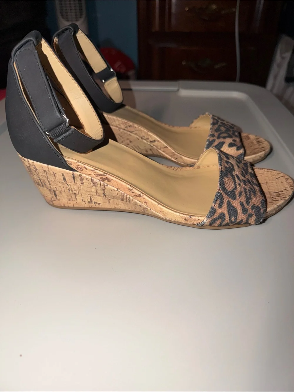 Naturalizer Leopard Print Cork Wedge Sandals with Black Ankle Strap